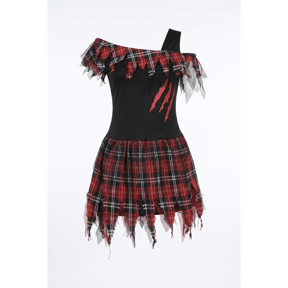 Girls Red Plaid Tattered Werewolf Costume Dress One Shoulder Claw Marks Sz M -10